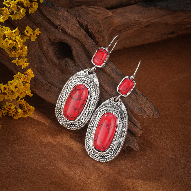 Retro Red Stone Dangle Earrings